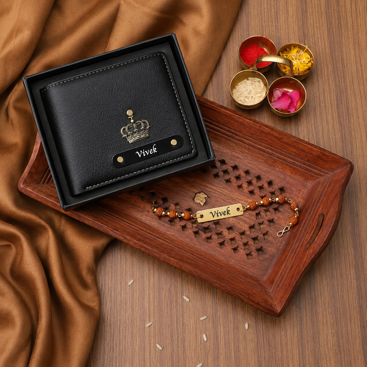 Personalized Leather Name Wallet for Men with Rudraksh Rakhi – A Thoughtful Gift for Brothers