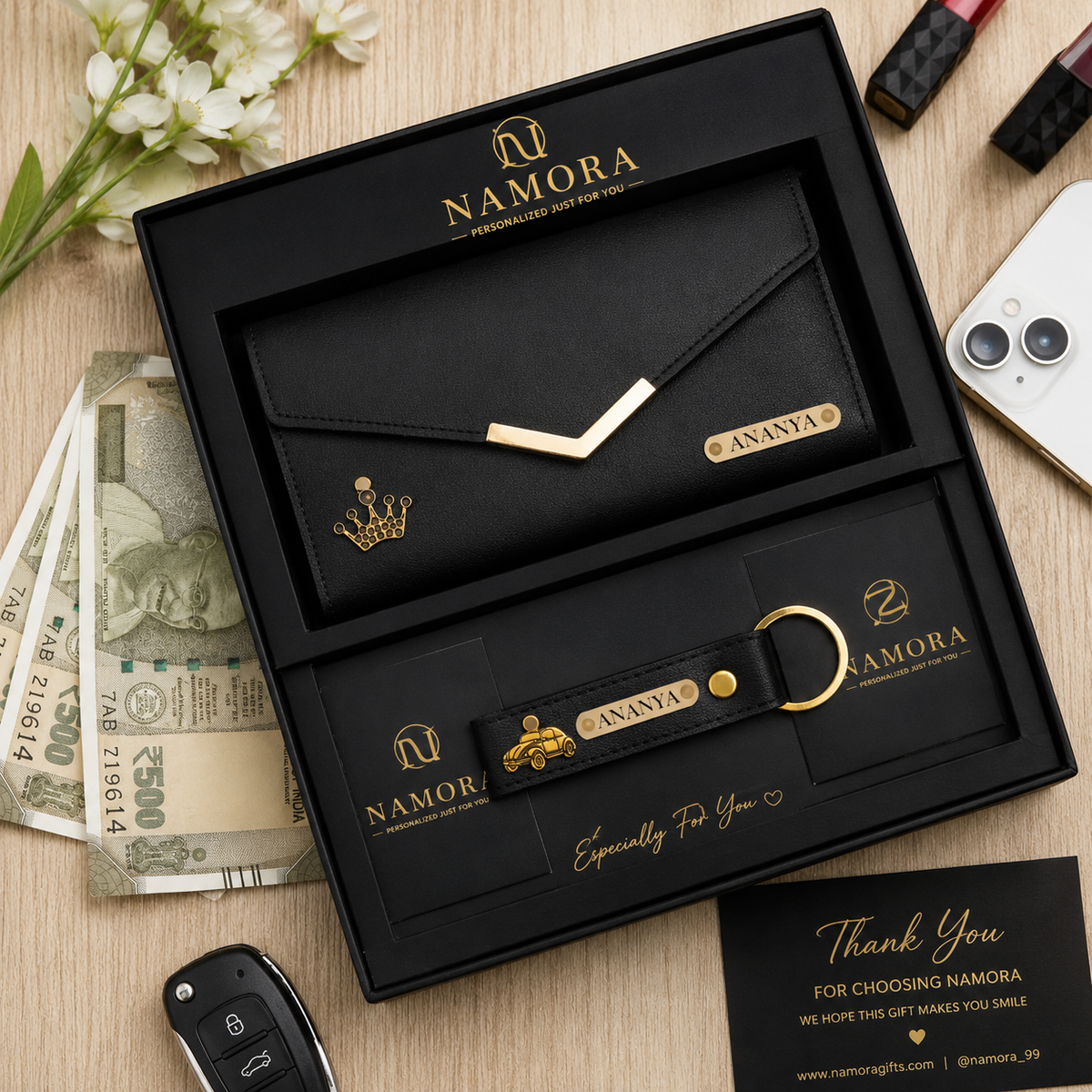 Personalised Women's Leather Clutch & Keychain Combo With Name & Charm Gift Combo for Girlfriend, Wife, Mother & Sister