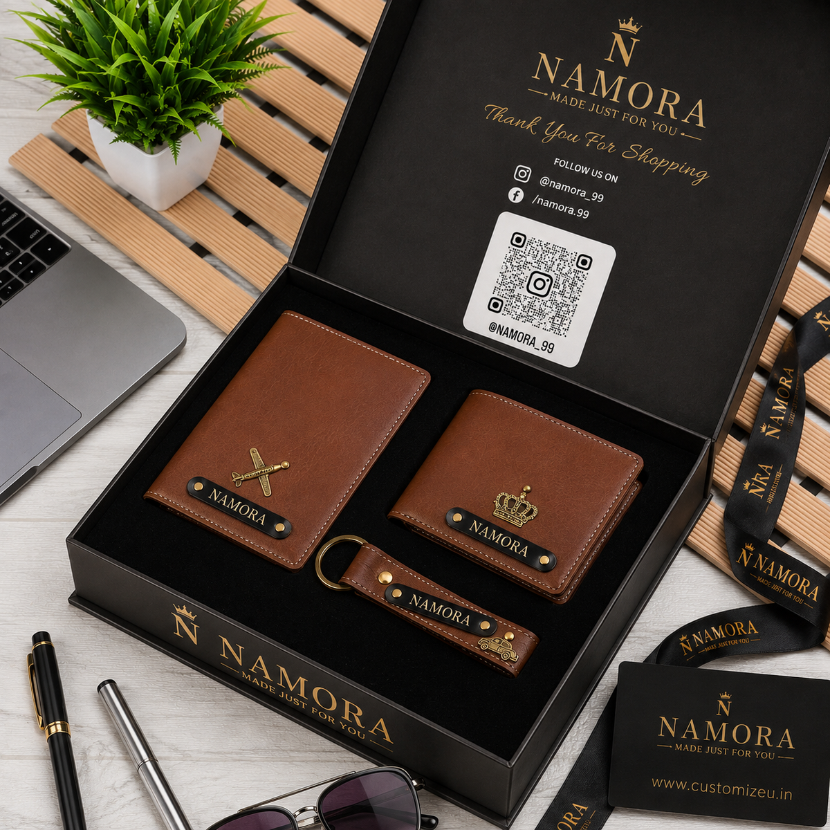 Personalised 3-in-1 Leather Name Men's Wallet with charm, Passport Cover & Keychain 3 in 1 Set