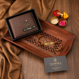 Personalized Leather Name Wallet for Men with Rudraksh Rakhi – A Thoughtful Gift for Brothers