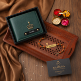 Personalized Leather Name Wallet for Men with Rudraksh Rakhi – A Thoughtful Gift for Brothers