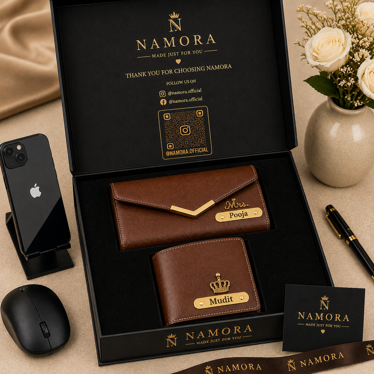 Personalised Leather Men's Wallet & Women's Clutch Combo with name & charm for Couples
